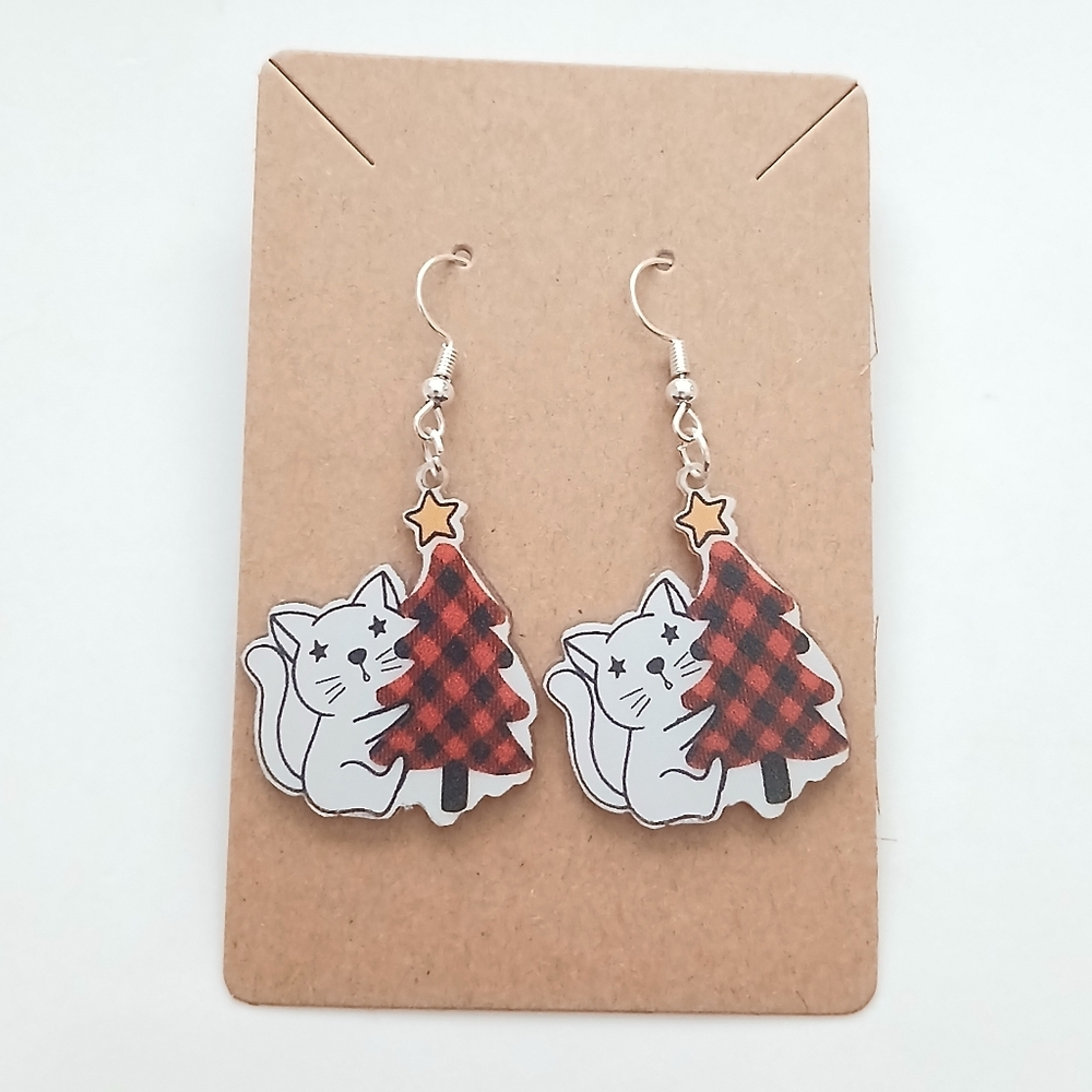 Fashion Jewelry Red Plaid Cat Earrings